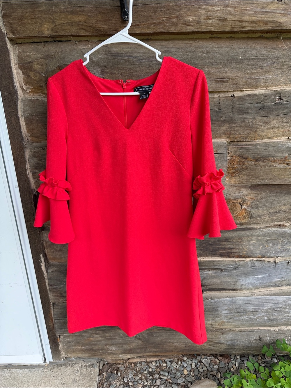 Jessica Howard Bright Red V-Neck Ruffle Bell Sleeve Dress